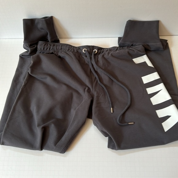 PINK Gym Pant Gray Elastic Cuffs & Waistband with Drawstring White Graphics - Picture 3 of 10